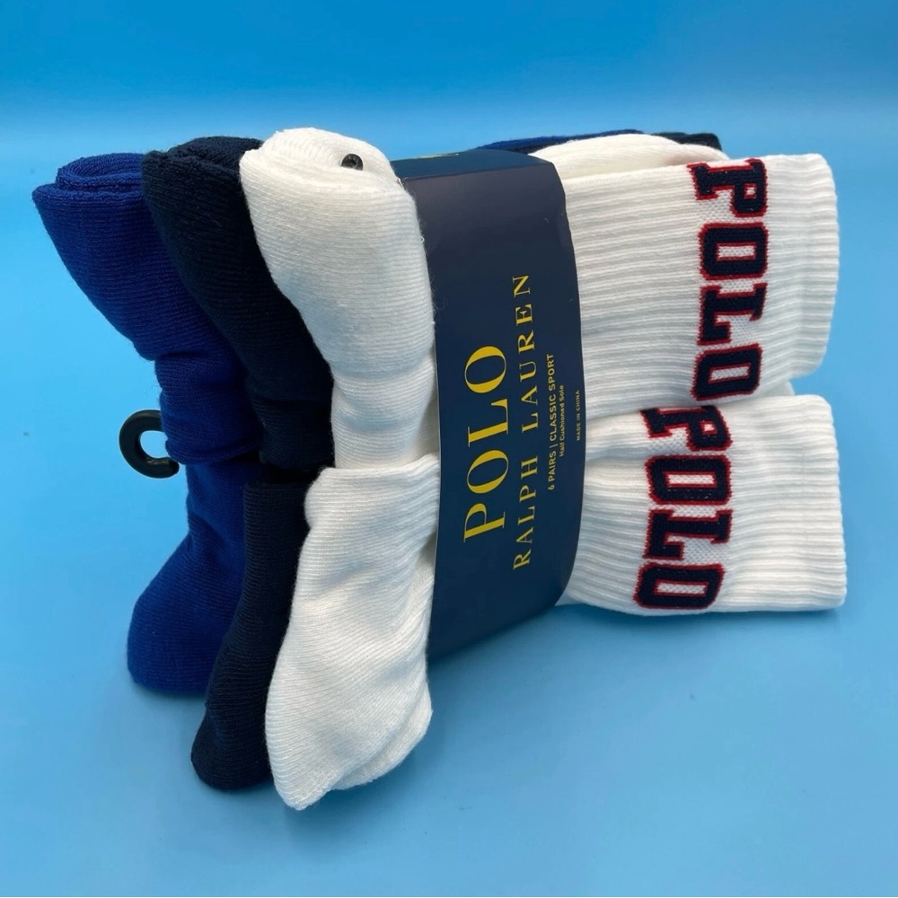 Polo Ralph Lauren Men’s Crew Socks Size 10-13 White Blue Classic 6 Pairs New